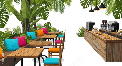 Cozy outdoor cafe with lush tropical plants and delicious pastries