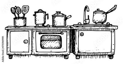 classic kitchen counter with cookware sketch