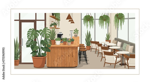 Cozy plant-filled coffee shop interior with natural light and modern design