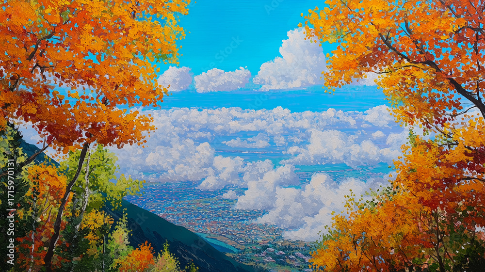 Naklejka premium アクリル画の質感で表現された燃えるような紅葉が広がる秋の風景、幻想的かつ温かみのある色合いが印象的な抽象的構図の背景デザインイメージ、四季を感じる芸術素材