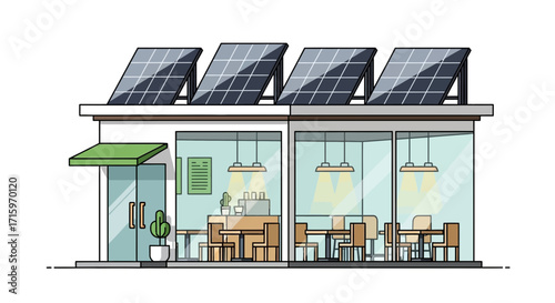 Eco-Friendly Cafe with Solar Panels on the Roof Minimalistic Design Style