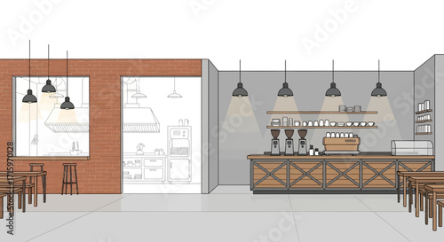 Detailed interior illustration of a modern stylized café and kitchen scene