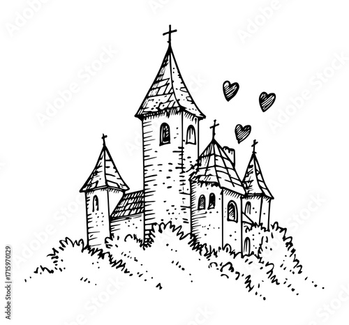 romantic church with hearts hand drawn