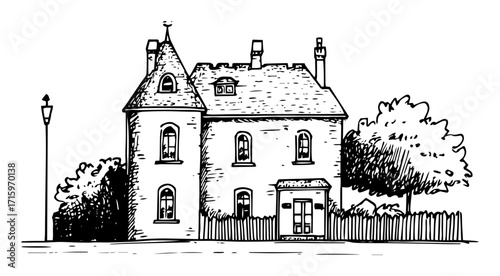 victorian house with fence and trees