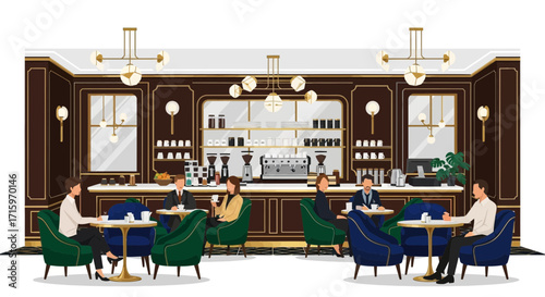 Elegant ambiance of a coffee shop with patrons enjoying their beverages