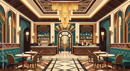 Elegant Art Deco Cafe Interior with Geometric Details and Cozy Ambience