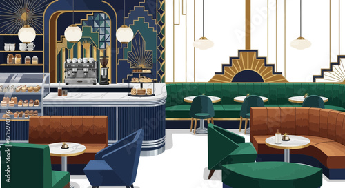 Elegant Art Deco Cafe Interior Illustration with Stylish Furniture