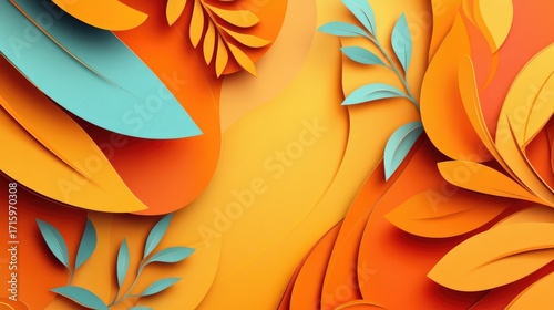 Vibrant Paper Cut Leaves on Orange Background for Creative Design