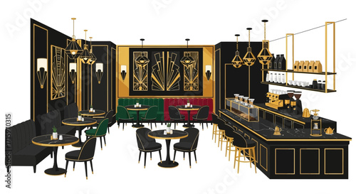 Elegant Art Deco Style Coffee Shop Interior with Gold Accents Design
