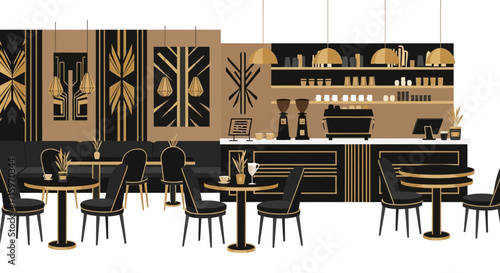 Elegant Cafe Interior with Art Deco Accents and Comfortable Seating
