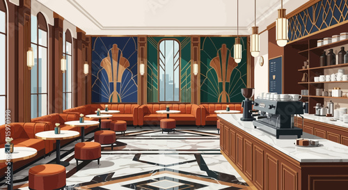 Elegant cafe interior with art deco details and a stylish ambiance
