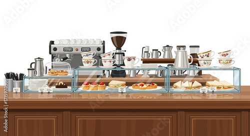 Elegant coffee shop counter with desserts and coffee preparation tools