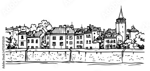 european old town architecture sketch
