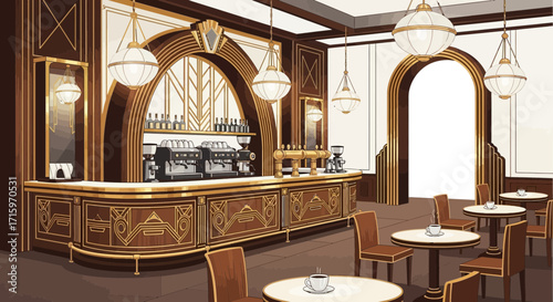 Elegant Coffee Shop Interior with Art Deco Design and Warm Lighting