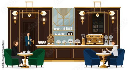 Elegant Coffee Shop Interior with Customers and Sophisticated Design Details