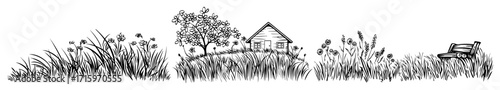 cozy house with garden and bench sketch