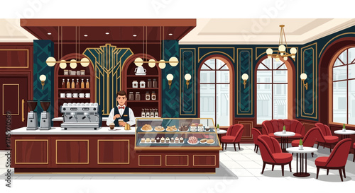 Elegant Coffee Shop Interior with Detailed Counter and Seating Arrangement