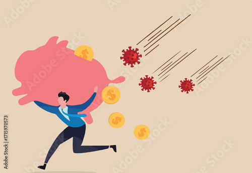 COVID-19 virus impact stock market panic sell, risk off or investor sell in financial crisis, investor run away from COVID-19 Coronavirus pathogen with huge piggy bank on shoulder, dollar money fall.