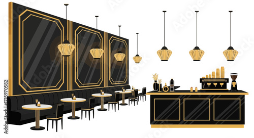 Elegant Coffee Shop Interior with Modern Design and Golden Accents View