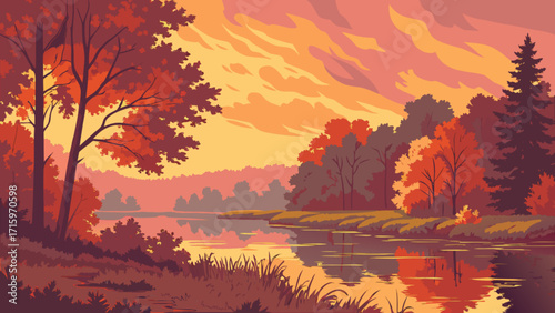 A scenic view of a serene lake surrounded by lush trees under a vibrant sunset sky in autumn hues