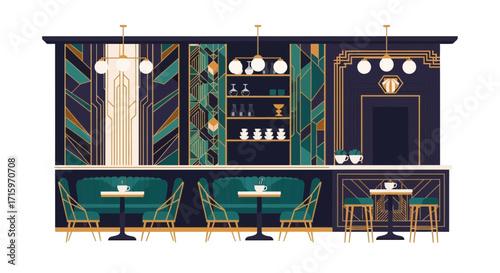 Elegant restaurant interior with art deco design and cozy seating arrangement