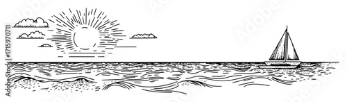 sailing boat on sea with sunset sketch