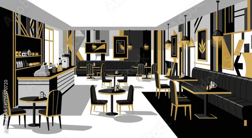 Elegant restaurant interior with geometric wall art in black and gold tones