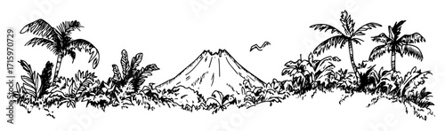 tropical jungle with volcano in background