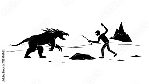 A silhouette of a man facing a monster with a sword in a monochrome mountain landscape setting