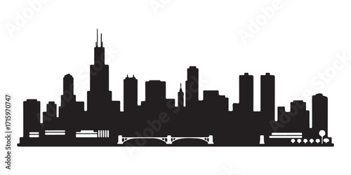 Horizontal banner featuring the Chicago city skyline. A black and white silhouette of Chicago, USA. Vector template for your creative projects.