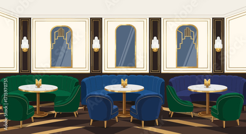 Elegant restaurant interior with plush seating and art deco design elements