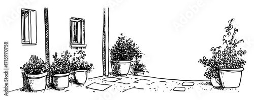 terrace with potted plants black and white drawing