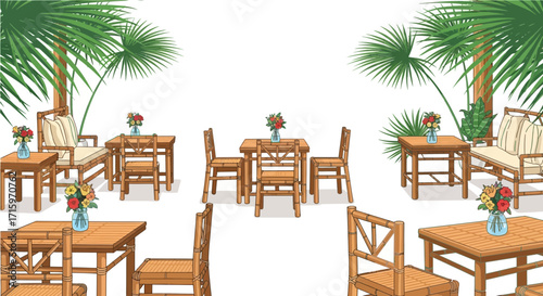 Elegant Tropical Terrace Illustration with Bamboo Furniture and Lush Palms