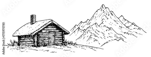 log cabin with mountain sketch illustration