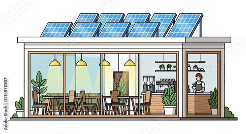 Illustration of a modern cafe with solar panels on the roof for clean energy