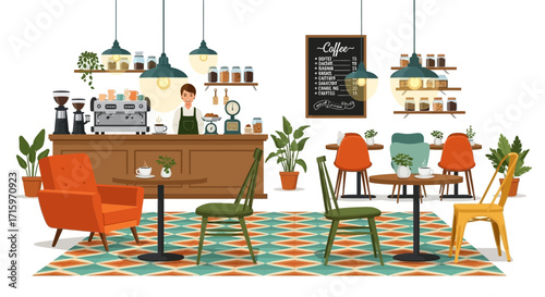 Illustration of a cozy modern coffee shop interior with staff and furniture