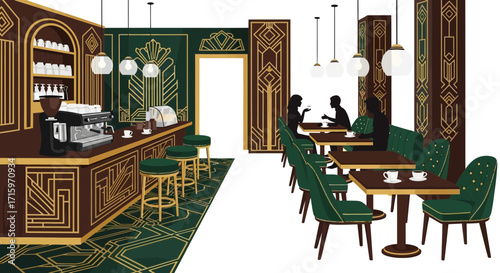 Illustration of a Stylish Art Deco Coffee Shop with Customers Enjoying Coffee