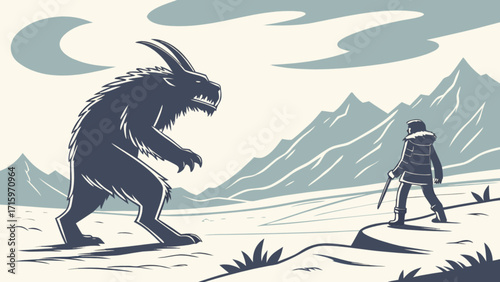 A lone figure faces a towering monster in a desolate, mountainous landscape under a cloudy sky scene