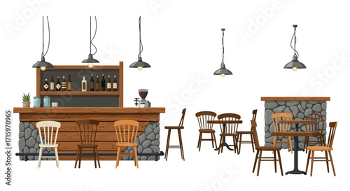 Illustration of an indoor cafe arrangement with bar, tables and chairs