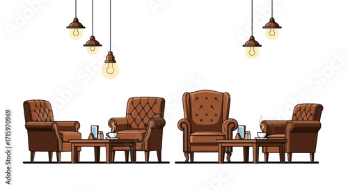 Illustrative cozy cafe seating arrangement with plush armchairs and warm lighting