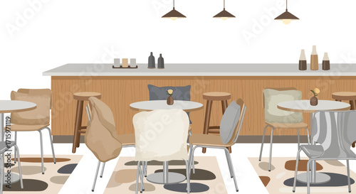 Interior of charming cafe with tables, chairs, and a modern design