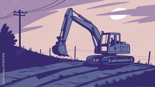 Illustration of a blue excavator on a construction site with a sunset in the background and power lines