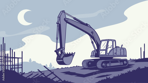 Excavator at construction site under moonlit sky with scaffolding and rolling hills in background