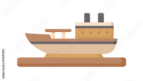 A cartoonish depiction of a wooden toy boat with two smokestacks on a white background in a simple style