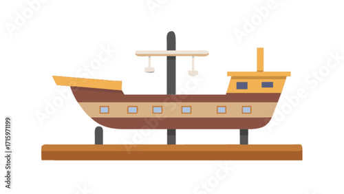 Illustration of a toy ship with brown and tan colors on a display stand against a white background