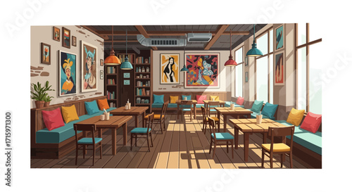 Inviting cafe interior with artistic wall decor and cozy seating arrangements