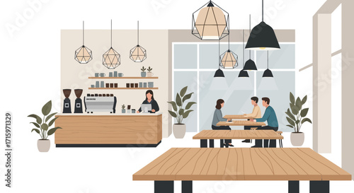 Inviting coffee shop ambiance with patrons enjoying a relaxed atmosphere