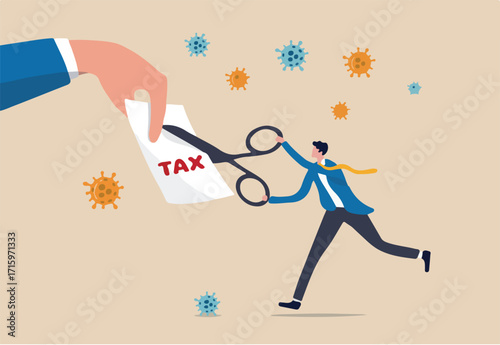 COVID-19 Coronavirus government help package to cut tax help people and business to survive the economics recession or financial crisis, businessman government leader using scissors to cut tax bill.