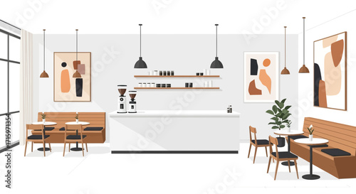 Inviting coffee shop interior design with modern minimalist aesthetics