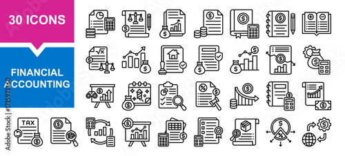 Vector set of financial accounting line collection. Containing financial, accounting,  business, tax, cost